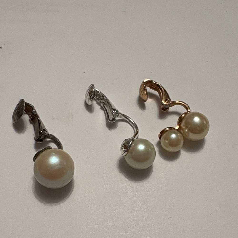 Vintage Pearl Clip-On Earrings Set in Silver and Gold Tones